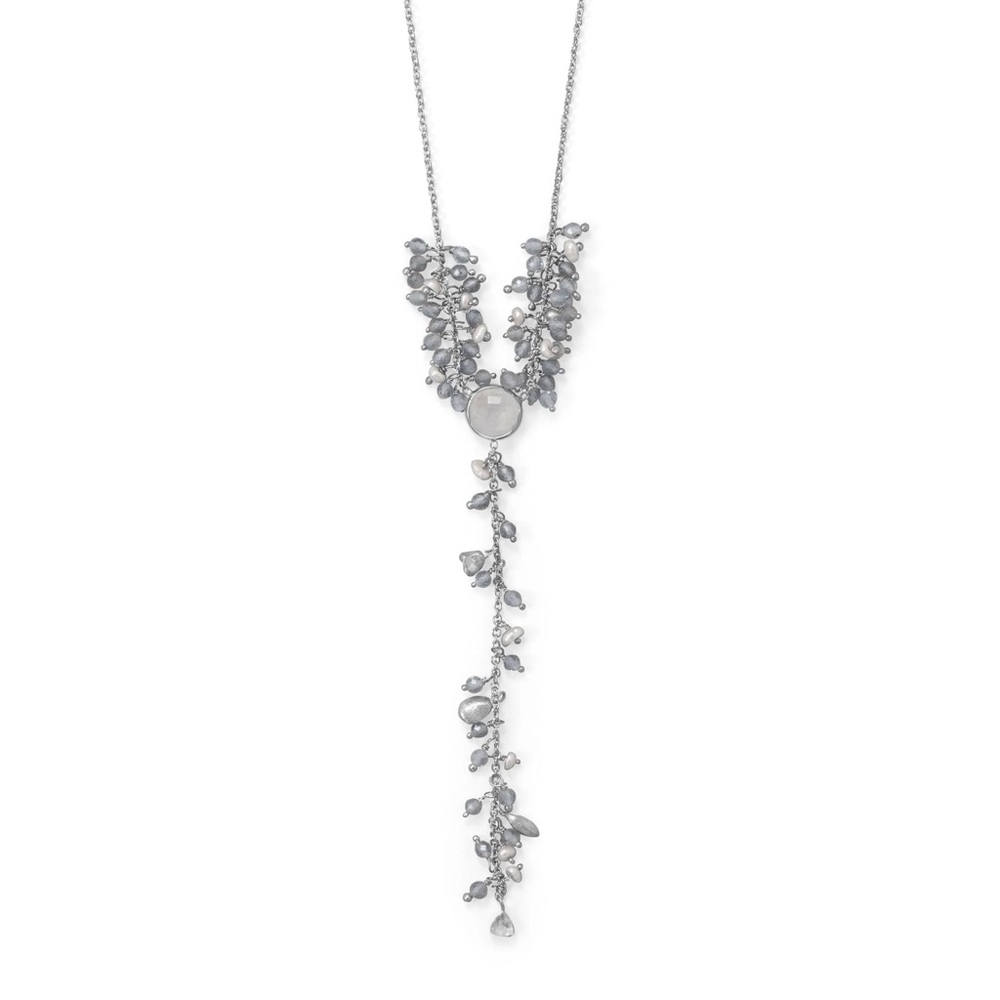 Moonstone and Labradorite Beaded Necklace Rhodium Plated over Sterling Silver